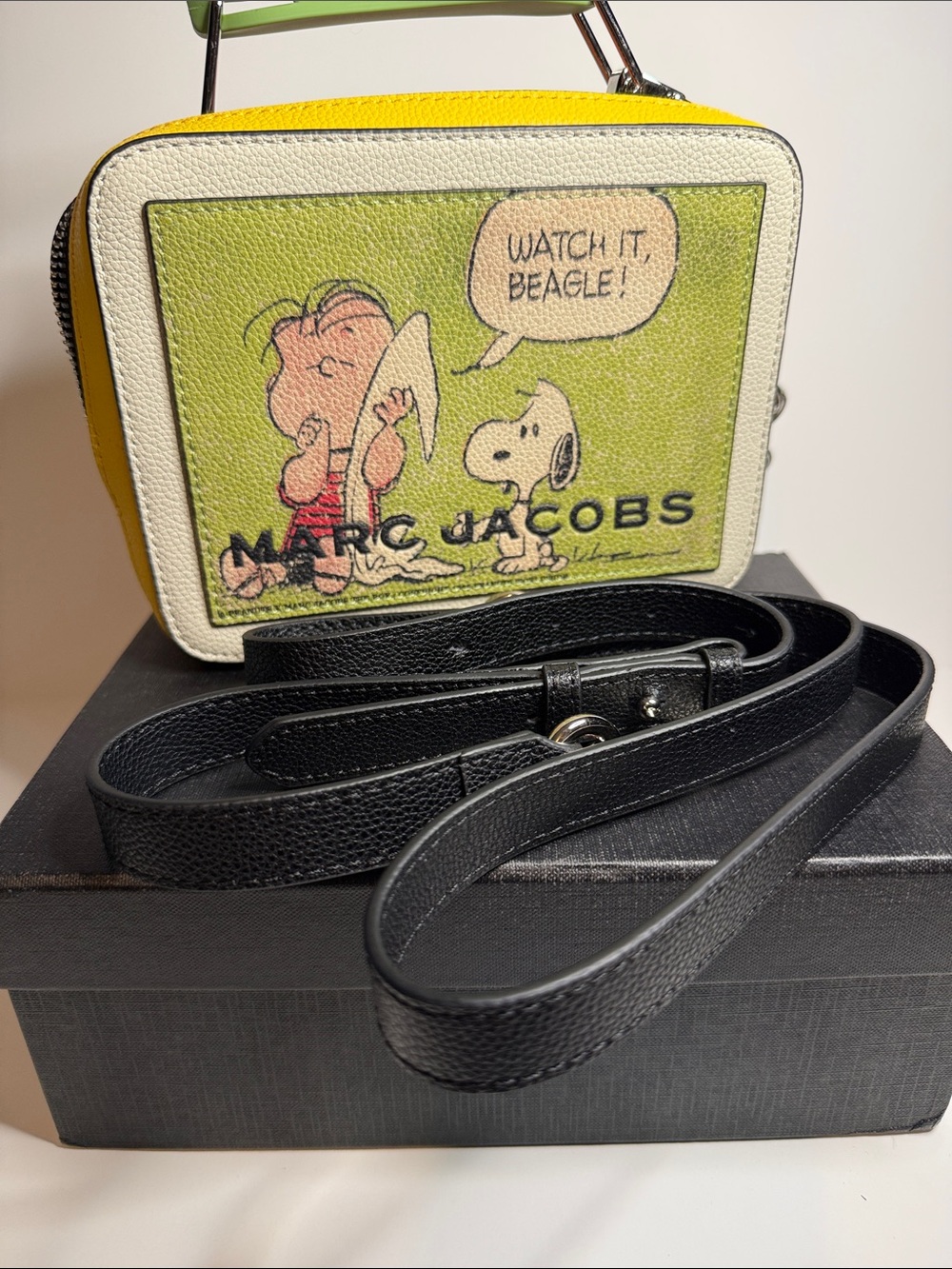 Marc Jacobs Yellow Peanuts Graphic Leather Box Crossbody with Green Handle - Picture 5 of 5